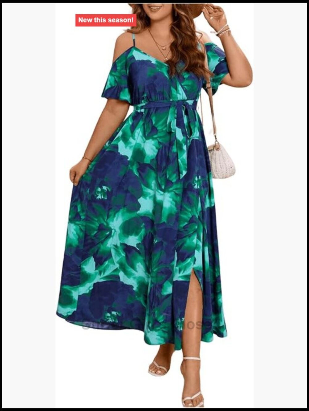 Plus Size Maxi Dress Cold Shoulder Short Sleeve Split Thigh A-line Floral